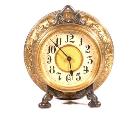 English Art Nouveau brass mantle clock, with Arabic numeral dial, the movement striking on a bell, maker unknown, 22cm. CONDI