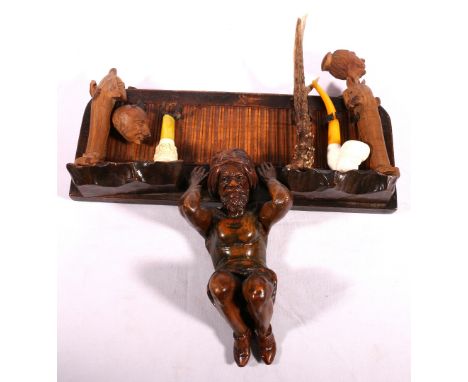 19th century Black Forest oak pipe rack with Blackamoor surmount, 30cm x 38cm, etc.