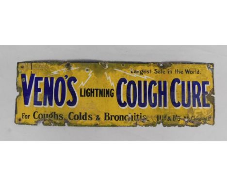 A Veno's Lightning Cough Cure rectangular blue and yellow enamel advertising sign, for Coughs, Colds & Bronchitis, 11 1/2d an