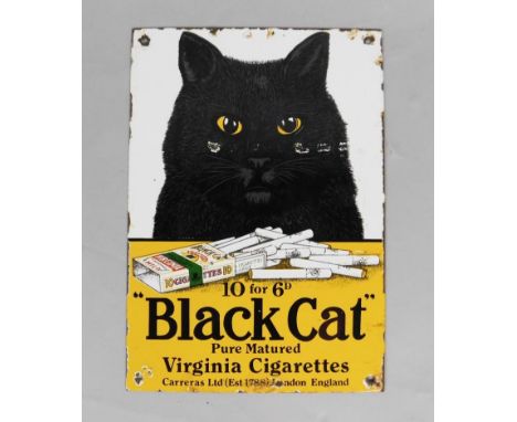 A Black Cat enamel sign, 10 for 6d, Pure Matured Virginia Cigarettes, Carreras Ltd (Est 1788), London, England, 32cm x 22cm.