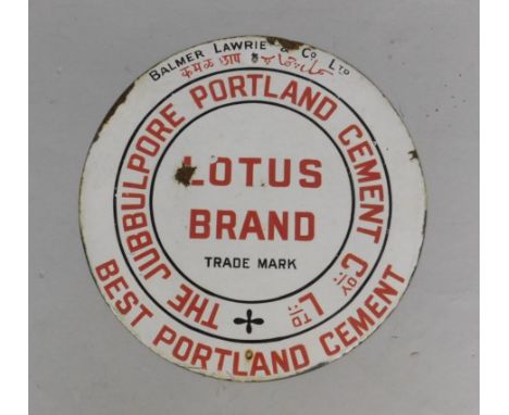 A Lotus Brand circular red and white enamel advertising sign, The Jubba Upore Portland Cement Coy Ltd, Balmer Lawrie & Co Ltd