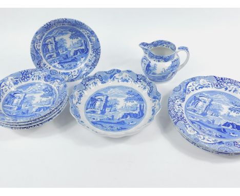 A group of Spode blue and white pottery transfer decorated in the Italian pattern, including sauce boats on stands, part coff