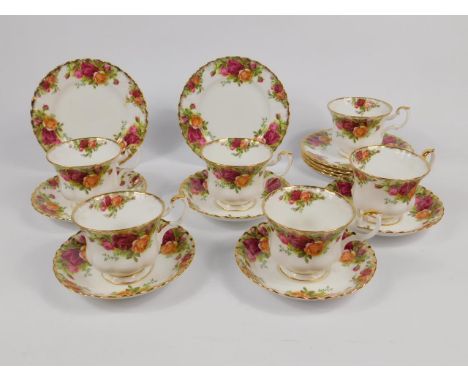 A Royal Albert porcelain part tea service decorated in the Old Country Rose pattern, comprising six cups, saucers and plates.
