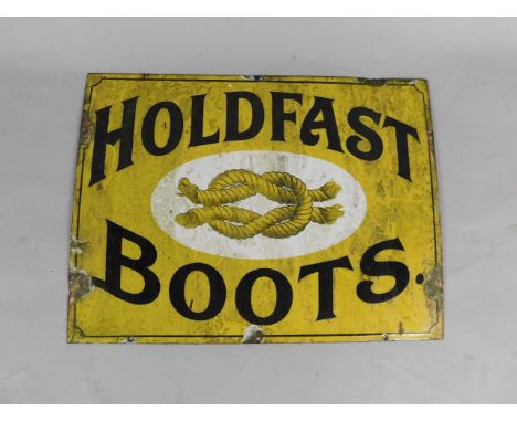 A Holdfast Boots black and yellow rectangular enamel advertising sign, with a reef knot symbol, 46cm x 61cm.