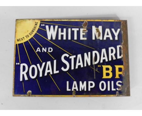 A White May and Royal Standard BP lamp oils blue and white enamel advertising sign, Next to Sunshine, 30.5cm x 45.5cm.