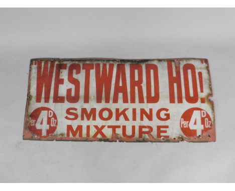 A Westward Ho! Smoking Mixture red and white rectangular enamel advertising sign, per 4d oz, 45.5cm x 101cm.