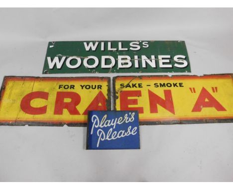 Three enamel cigarette advertising signs, comprising Wills's Woodbines, 38cm x 129cm, Player's Please, 30.5cm x 41cm, and Cra