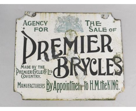 A Premier Bicycle Agency black and white enamel rectangular advertising sign, Made by the Premier Cycle Co Ltd, Coventry, By 