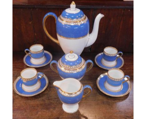 A Wedgwood Ulander pattern coffee set, comprising coffee pot, sucrier, cream jug, four coffee cans and saucers.