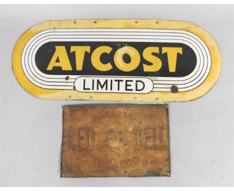 An Atcost Limited oblong yellow and black enamel advertising sign, 31cm x 75.5cm, and a Universal Red Bell Tobacco advertisin