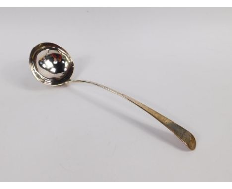 A George III silver ladle, possibly William Stroud, Old English pattern with Baines family crest, 32cm high, 5oz