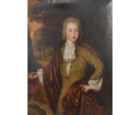 18thC English School.  A three quarter length portrait of John Hewley Baines (1693-1760), depicted in open standing stance wi