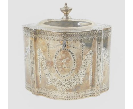 A George III silver tea caddy by Charles Aldridge & Henry Green, the shaped oval body headed by a domed lid with urn finial, 