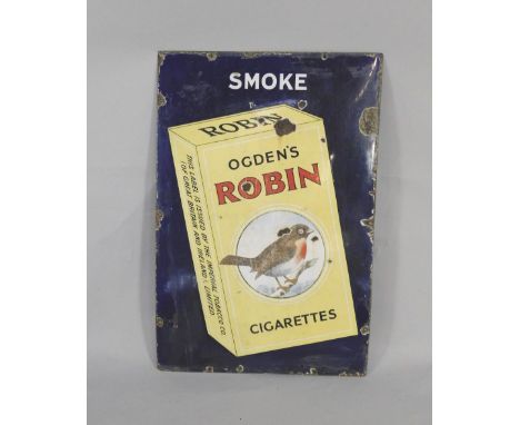 An Ogden's Robin Cigarettes blue and yellow rectangular enamel advertising sign, 91cm x 61cm.