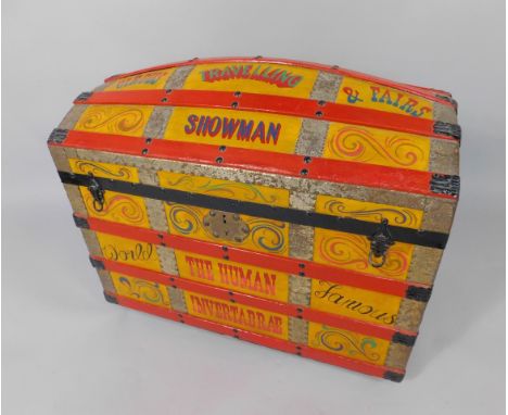 A Billy Baldwin Travelling Showman's trunk, Acrobatic Contortionist, The Human Invertabrae, painted wood and leather, metal b