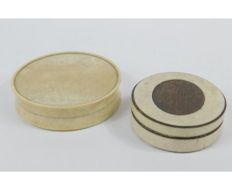 Two Georgian ivory circular patch boxes, one tortoiseshell lined