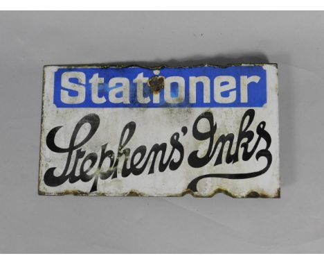A Stationer Stephen's Inks blue and white enamel advertising sign, 25cm x 45.5cm.