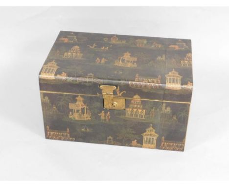 A Victorain decoupage chinoiserie tin trunk, 61cm x 41cm x 34cm.