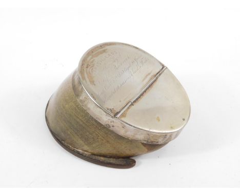 A 19thC horse's hoof inkwell, with plated mounts etched Irish Lass the property of Captain Baines, died October 8th 1859, age