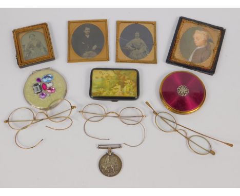 A Great War medal to Pte G Stamp, Lincolnshire Regt, 61117, pairs of gold or gilt rimmed spectacles, cigarette case, compacts