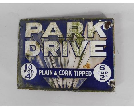 A Park Drive blue and white rectangular enamel advertising sign, Plain & Cork Tipped, 10 for 4d, and 5 for 2d.