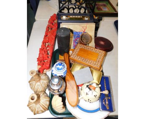 Sundries to include Roberts radio, early Polaroid land camera, carvings, pottery, etc, (qty).