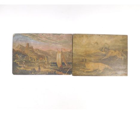 H M Baines. Two setters, oil on oak panel, 19cm x 26cm, and similar sized, unsigned landscape oil on paper, (2).