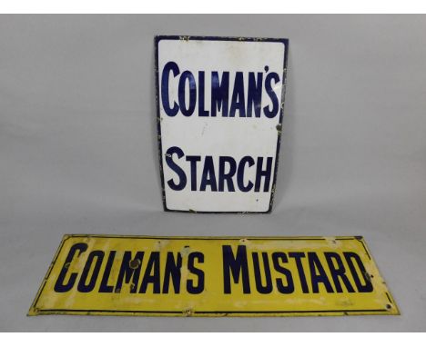 A Colman's Mustard blue and yellow enamel rectangular advertising sign, 40cm x 156cm, together with a Colman's Starch blue an