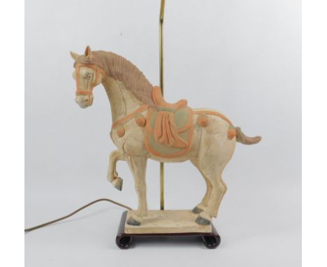 A modern Tang style earthenware figure of a standing horse, converted to a lamp, decorated in colours with elaborate mane and