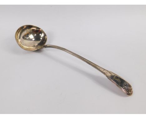 A George III silver ladle, by Mary & Elizabeth Sumner, shell capped fiddleback pattern with Baines family crest and plain bow