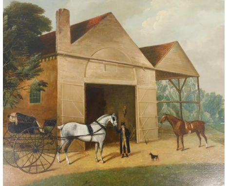 David Dalby of York (1794-1836).  A view of Bell Hall Stables and Harper, circa 1818, with a gentleman in a top hat and long 