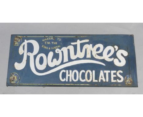 A Rowntree's Chocolates blue and white rectangular enamel advertising sign, Makers to T.M. The King & Queen, 38cm x 91cm.