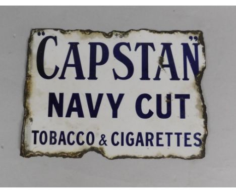A Capstan Navy Cut blue and white rectangular enamel advertising sign, Tobacco and Cigarettes, 27.5cm x 38cm.