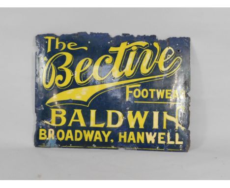 A Bective Footwear blue and yellow enamel rectangular advertising sign, Baldwin, Broadway, Hanwell, 91cm x 121cm.