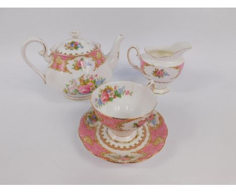 A Royal Albert porcelain part tea service decorated in the Lady Carlyle pattern, comprising teapot, cream jug, sugar bowl, pa