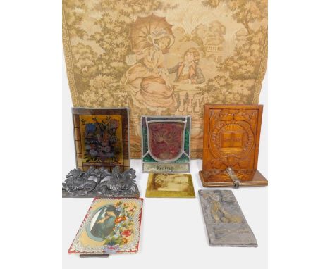 A Hepworths tie press, stained glass heraldic panel, further stained glass panel, tapestry, wall plaques and sundry collectab