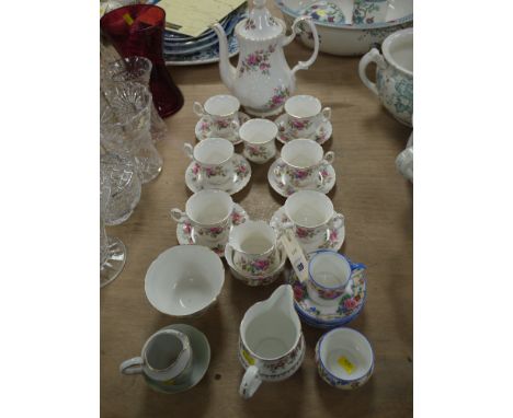 A Royal Albert 'Moss Rose' sixteen-piece coffee set (one spare cup); together with other decorative tea and coffee ware.