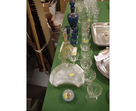Five glass side plates; a blue glass decanter with silver coloured decoration; five matching glasses; and sundry decorative g