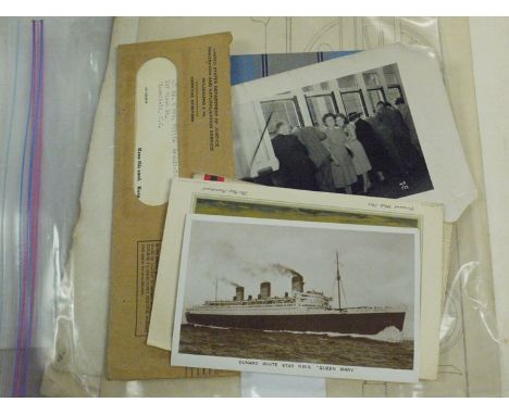 A list of passengers for RMS Queen Mary, First Class, New York/Southampton, Friday, 8th August, 1947; together with three pos
