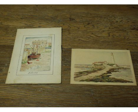 Two unframed watercolours - "St. Mary's Island" and "Seahouses", by R. More.