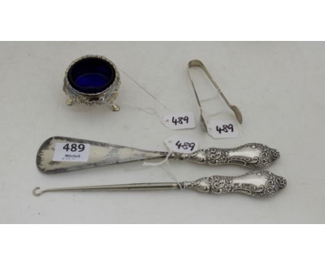Sheffield Silver Sugar Tongs 1936, London Silver Condiment with blue liner 1848, London silver-handled button hook & matching