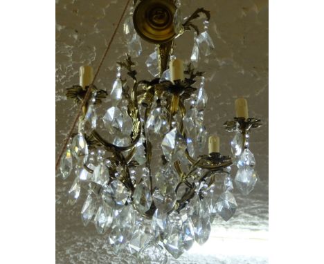French Brass Chandelier, with multiple glass drops and 6 electric light branches