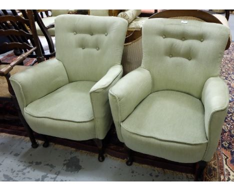 Matching Pair of Fireside Armchairs, with low backs, covered in green velvet, button detail, on Queen Ann legs, 34”h