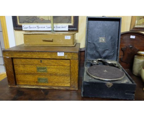 HMV table top record player, brass portable weighing scales in pine box & oak cutlery canteen with contents (3)