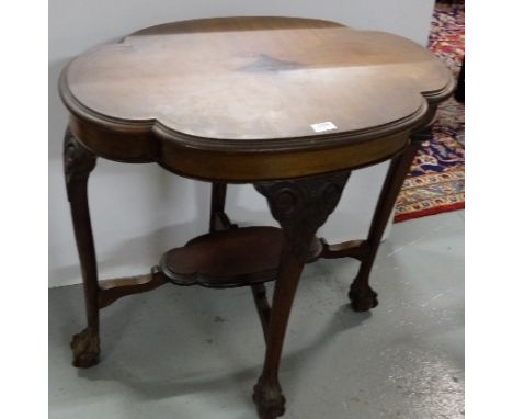 19thC Mahogany Occasional/Lamp Table, the shaped top inlaid with ebony, on 4 ball and claw feet, 30”w 