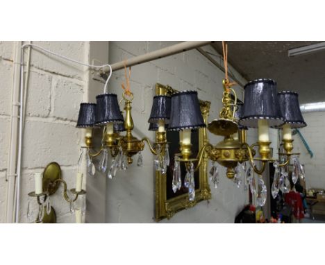 Matching Pair of French Brass Ceiling Lights, each with 5 scrolled branches, and multiple drop crystals, the bases decorated 