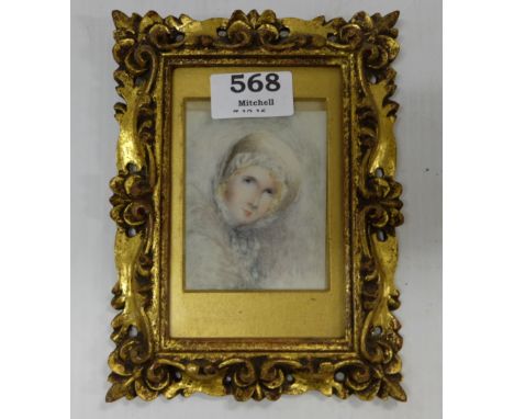 Pastel on Glass – Portrait of a young woman wearing a white bonnet, in a decorative hand carved and gilded frame, 7” x 5”