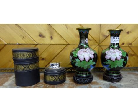 Pair of black ground cloisonné vases on stands, floral décor, each 7”h & a black Wedgewood gas lighter and tobacco jar with l