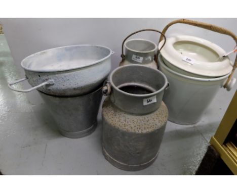 Ceramic Bucket, 2 milk pails, strainer and aluminium bucket (5)