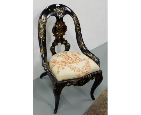 Victorian Papier Mache Side Chair, black ground and intricately inlaid with floral mother of pearl designs, on sabre front le
